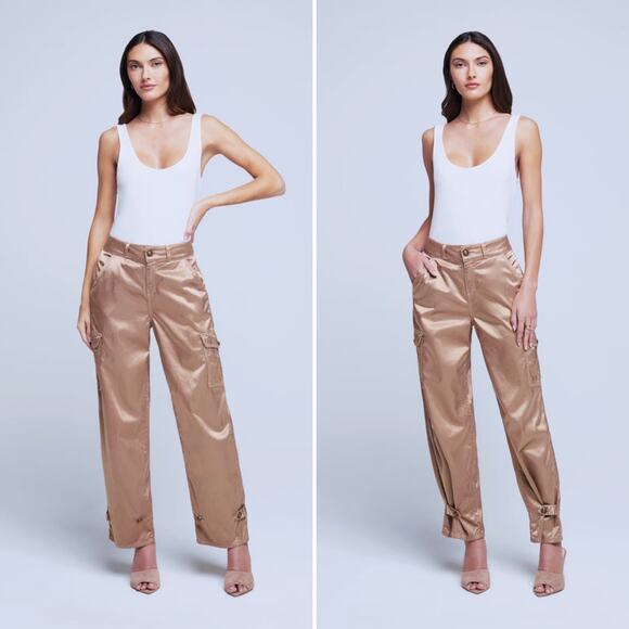 L'AGENCE Wyatt High Rise Satin Cargo Pants Sz 30 Beige Champagne Wide Leg Silky - Picture 1 of 16